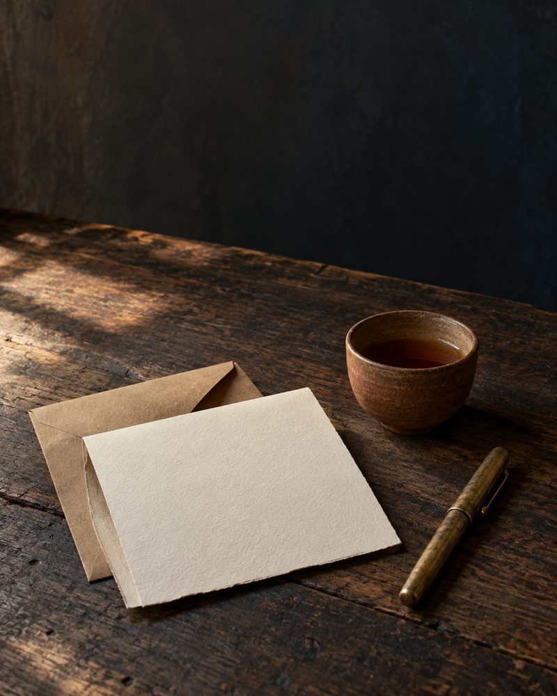 Una hoja en blanco sobre un sobre, una taza de té y una pluma sobre una mesa de madera