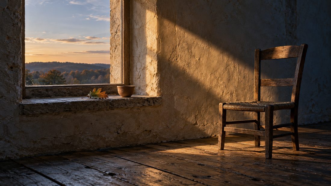 Luz baja de octubre sobre una pared encalada y una silla vacía junto a la ventana